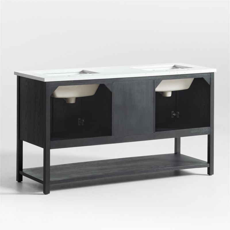 Carmen 60" White Marble Top Double Sink Black Ash Wood Vanity with Shelf