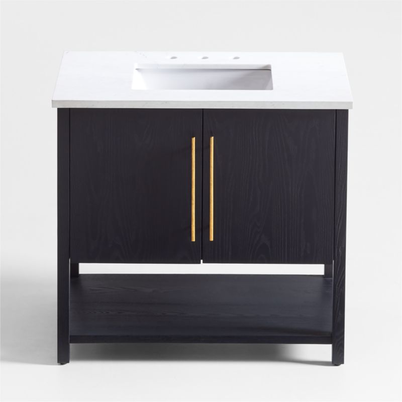 Carmen 36" White Marble Top Single Sink Black Ash Wood Vanity with Shelf