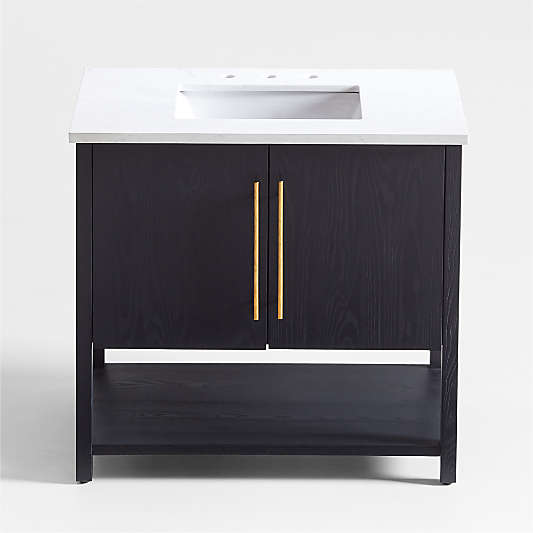 Carmen 36" White Marble Top Single Sink Black Ash Wood Vanity with Shelf