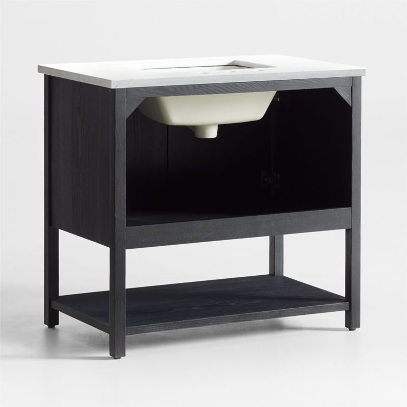 Carmen 36" White Marble Top Single Sink Black Ash Wood Vanity with Shelf