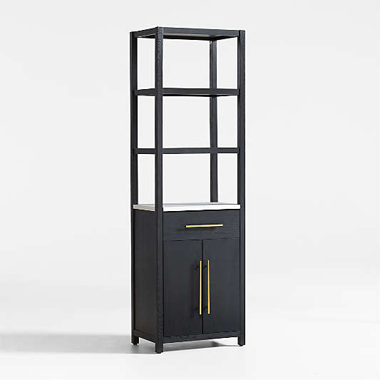 Carmen Tall White Marble Shelf and Black Ash Wood Bathroom Storage Tower