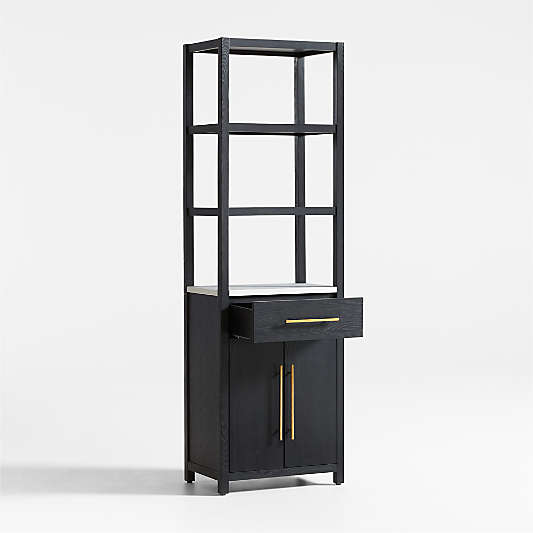 Carmen Tall White Marble Shelf and Black Ash Wood Bathroom Storage Tower