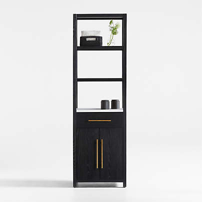 Carmen Tall White Marble Shelf and Black Ash Wood Bathroom Storage Tower