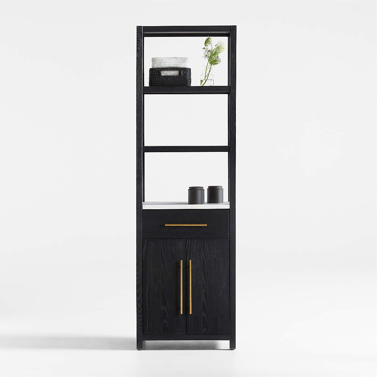 Carmen Tall White Marble Shelf and Black Ash Wood Bathroom Storage