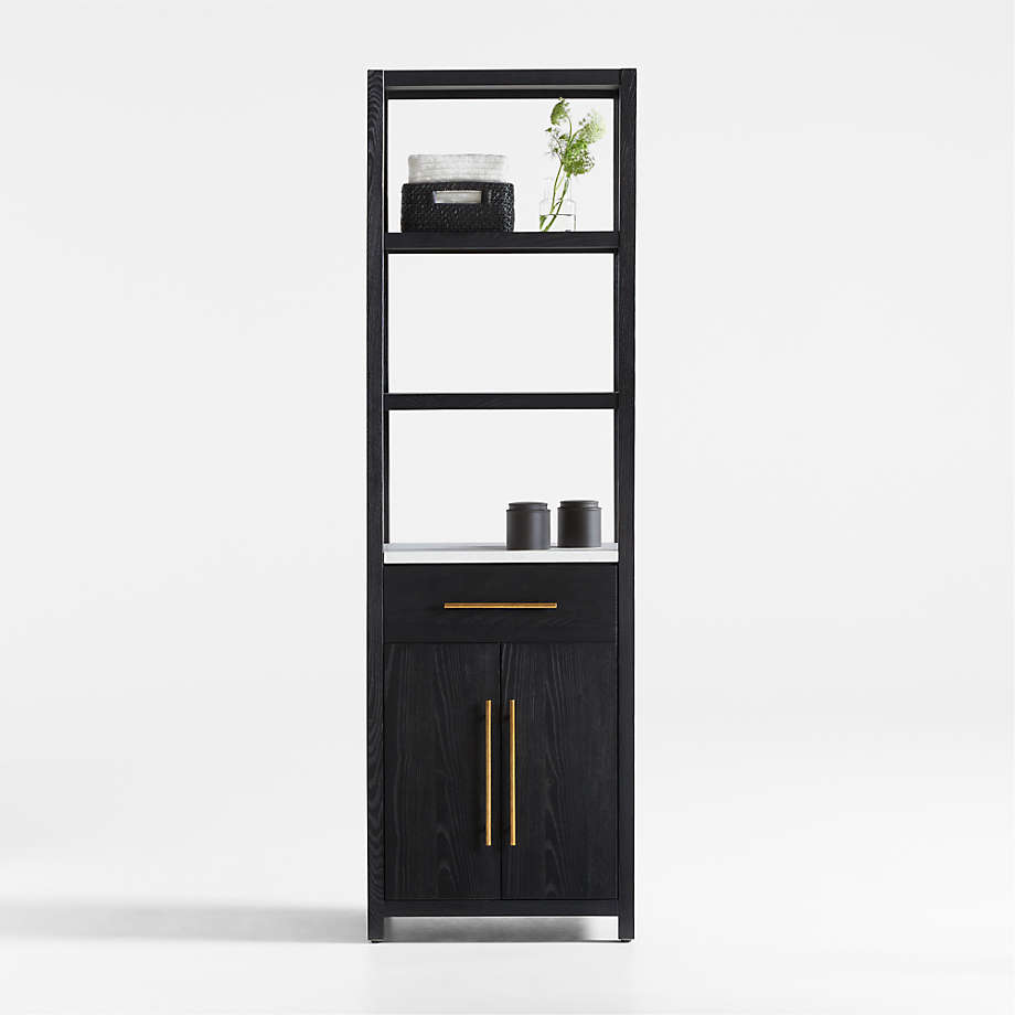 Carmen Tall White Marble Shelf and Black Ash Wood Bathroom Storage