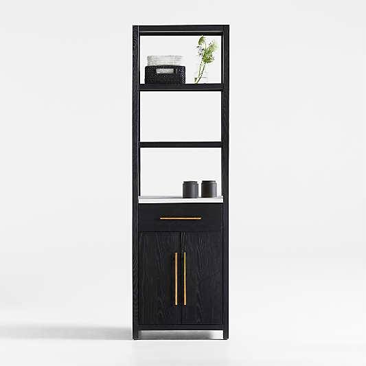 Carmen Tall White Marble Shelf and Black Ash Wood Bathroom Storage Tower