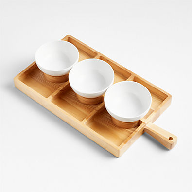 View Carson Small Sectioned Ash Wood Serving Board with Bistro Bowls 4-Piece Serveware Set details