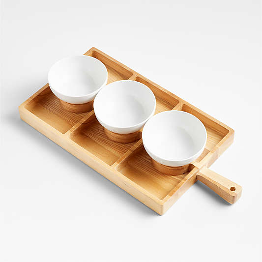 Carson Small Sectioned Ash Wood Serving Board with Bistro Bowls 4-Piece Serveware Set