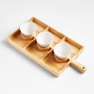 View Carson Small Sectioned Ash Wood Serving Board with Marin White Mini Bowls 4-Piece Serveware Set details