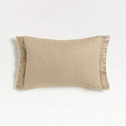 Casual Textured Fringe 24x16 Flax Taupe Throw Pillow with Feather Insert