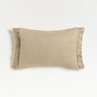 Casual Textured Fringe 24x16 Flax Taupe Throw Pillow with Feather Insert