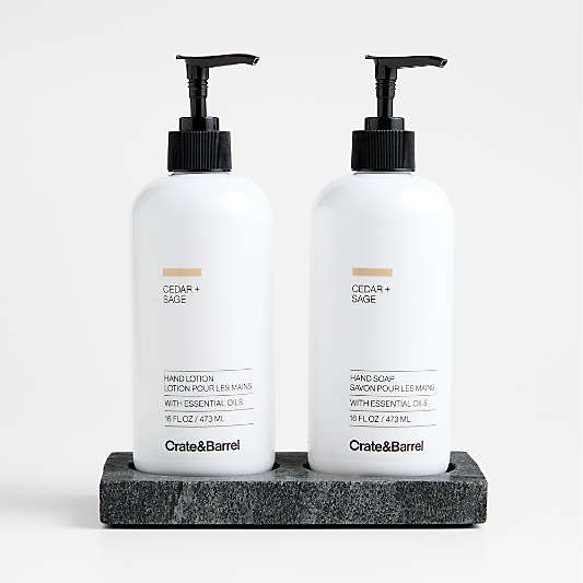 Cedar + Sage Hand Soap and Lotion Set with Hayes Marble Caddy