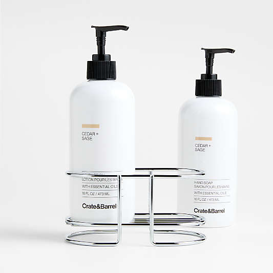 Cedar + Sage Hand Soap and Lotion Set with Stainless Steel Caddy