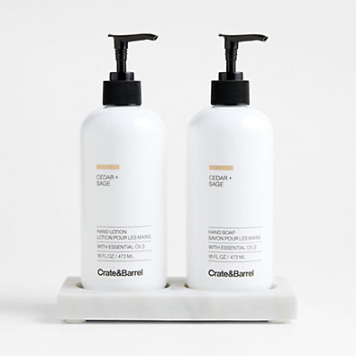 View Cedar + Sage Hand Soap and Lotion Set with White Marble Caddy details