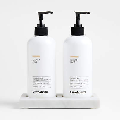 Cedar + Sage Hand Soap and Lotion Set with White Marble Caddy