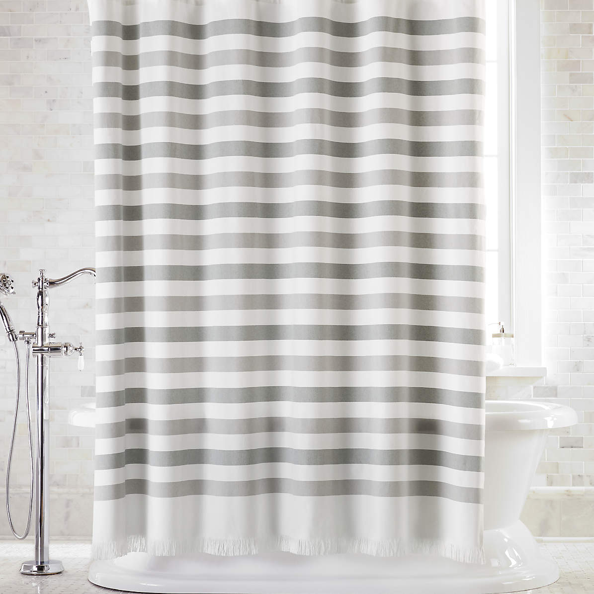 Cedros Grey Stripe Fringe Shower, Black Faux Leather Shower Curtain
