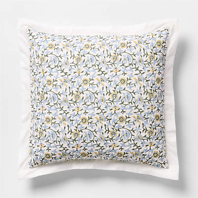 Celeste Organic Cotton Blue Vine Print Euro Quilted Bed Pillow Sham