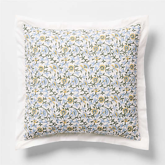 Celeste Organic Cotton Blue Vine Print Euro Quilted Bed Pillow Sham