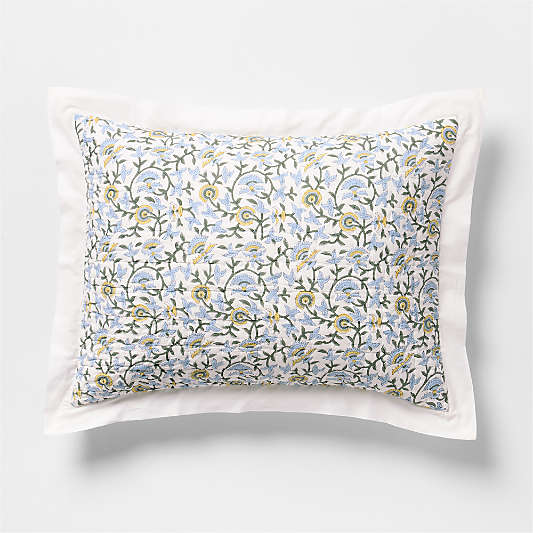 Celeste Organic Cotton Blue Vine Print Quilted Bed Pillow Sham
