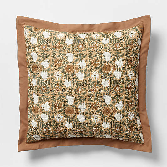 Celeste Organic Cotton Taupe Desert Floral Block Print Quilted Euro Bed Pillow Sham