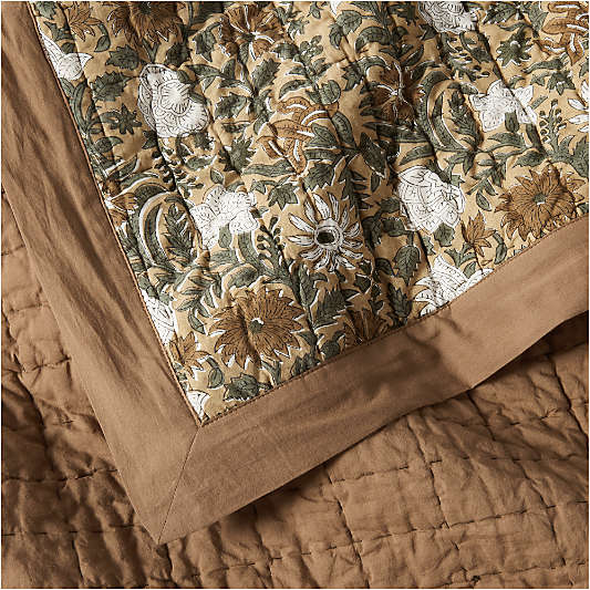 Celeste Organic Cotton Taupe Desert Floral Block Print Full/Queen Quilt