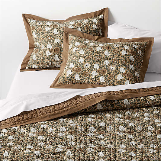 Celeste Organic Cotton Taupe Desert Floral Block Print Quilted Euro Bed Pillow Sham