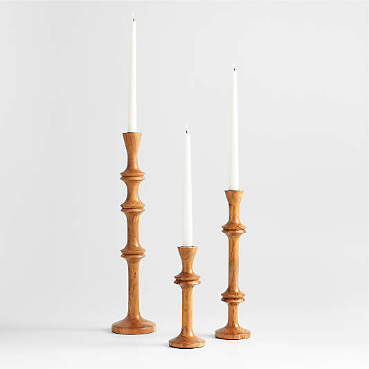 Century Natural Acacia Wood Taper Candle Holders