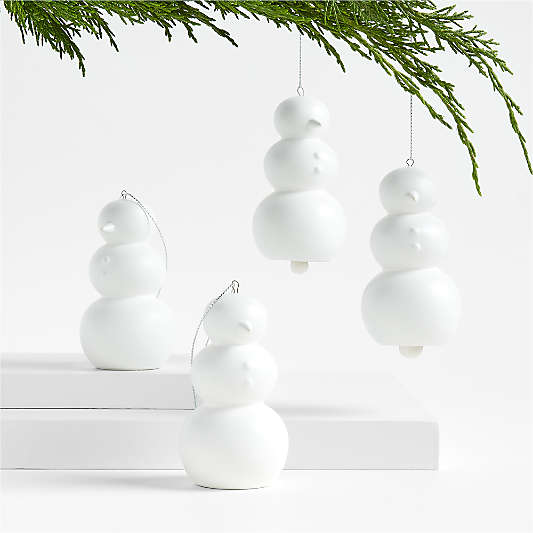 White Porcelain Bell Snowman Christmas Tree Ornaments, Set of 4