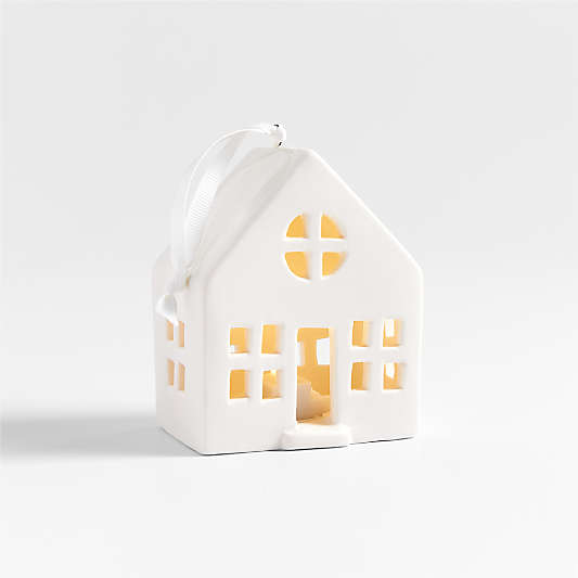 Light-Up White Ceramic House Christmas Tree Ornament