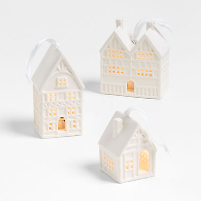 View White Ceramic House Christmas Ornaments, Set of 3 details