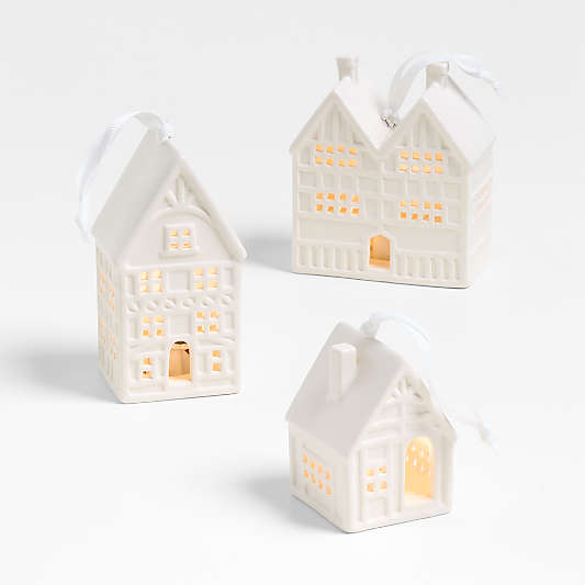 White Ceramic House Christmas Ornaments, Set of 3