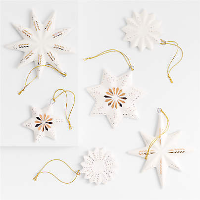 Gold and White Ceramic Snowflake Christmas Tree Ornaments, Set of 6