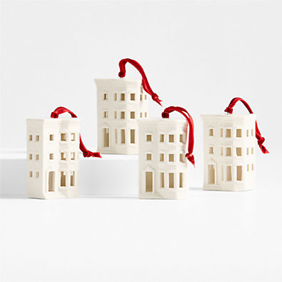 View Ceramic White Brownstone with Bay Window Christmas Tree Ornament, Set of 4 details