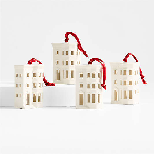 Ceramic White Brownstone with Bay Window Christmas Tree Ornament, Set of 4