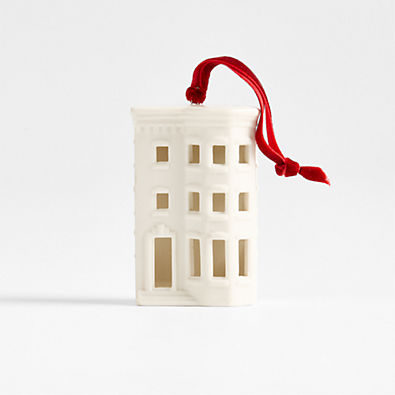 View Ceramic White Brownstone with Bay Window Christmas Tree Ornament details