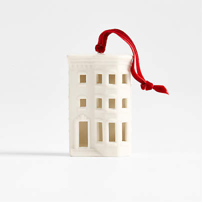 Ceramic White Brownstone with Bay Window Christmas Tree Ornament