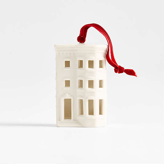 Ceramic White Brownstone with Bay Window Christmas Tree Ornament