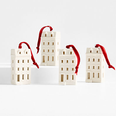 View Ceramic White Brownstone Christmas Tree Ornament, Set of 4 details