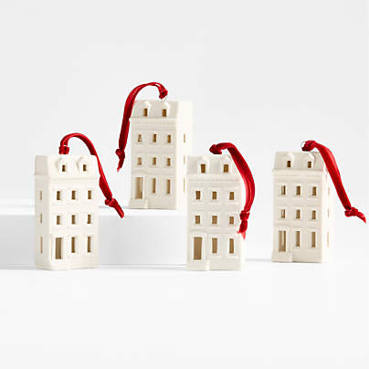 Ceramic White Brownstone Christmas Tree Ornament, Set of 4