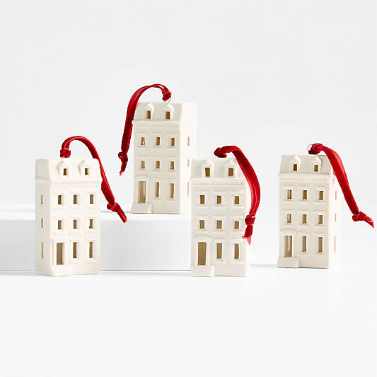 Ceramic White Brownstone Christmas Tree Ornament, Set of 4