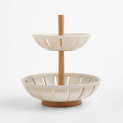 Ceramic and Wood 2-Tier Fruit Basket
