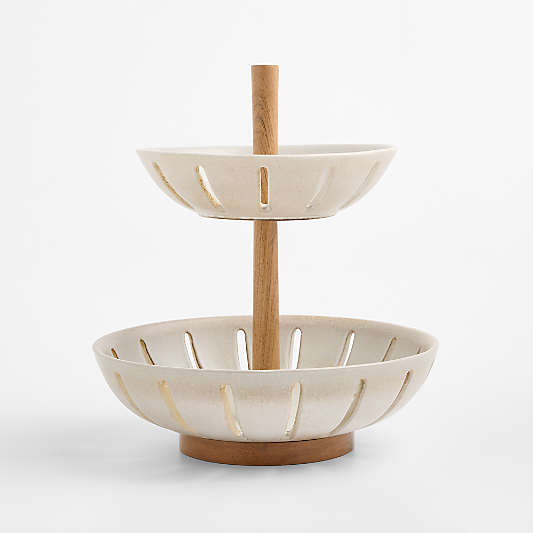 Ceramic and Wood 2-Tier Fruit Basket
