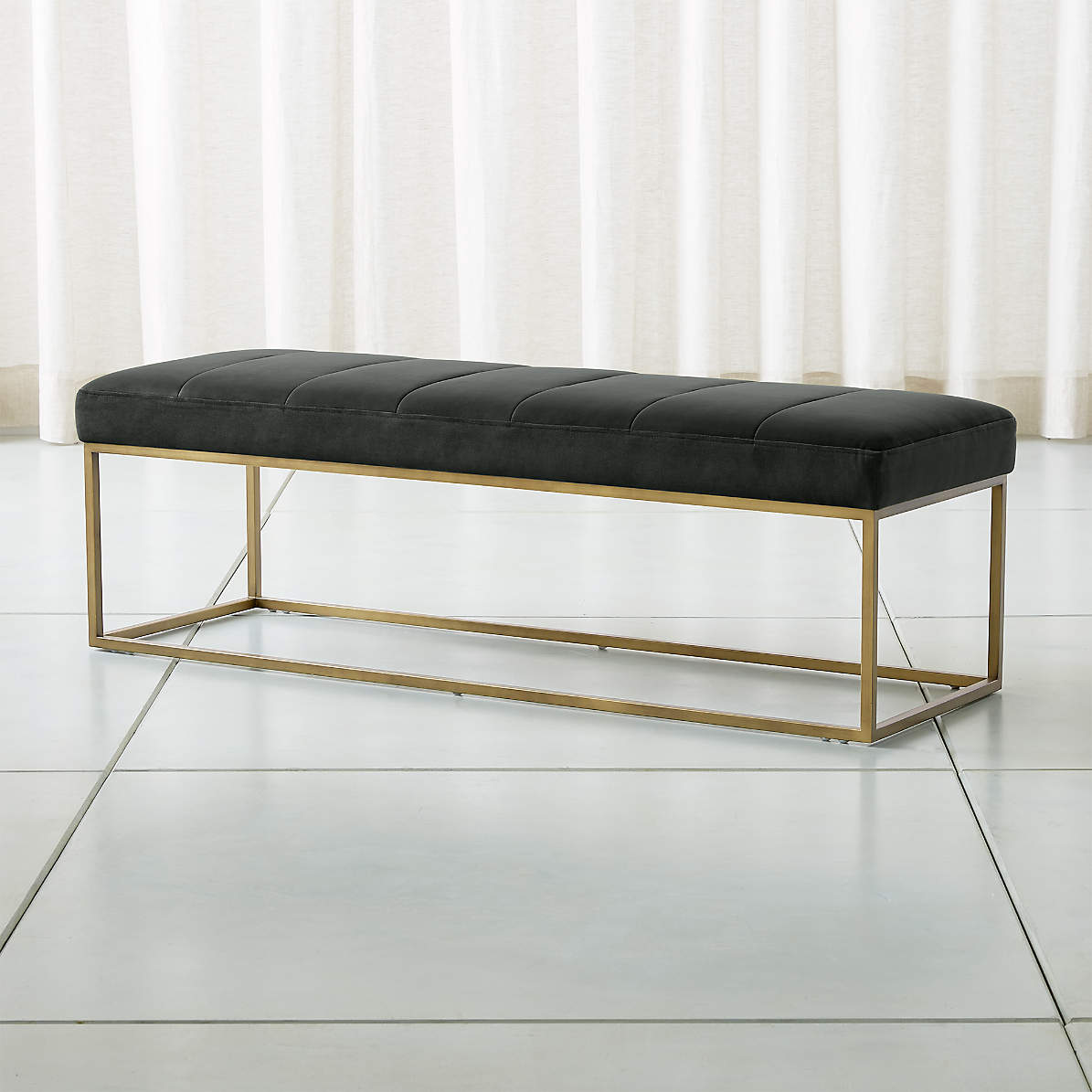 Grey Velvet Upholstered Brass Finish Accent Bench with Small Shelf 190635 
