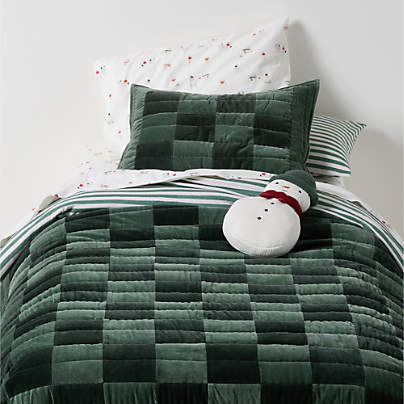 Checkerboard Pine Green Hand-Quilted Organic Cotton Velvet Kids Full/Queen Quilt