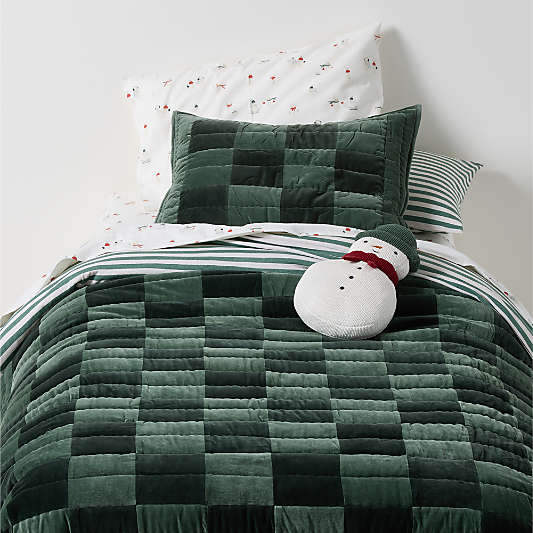 Checkerboard Pine Green Hand-Quilted Organic Cotton Velvet Kids Quilt