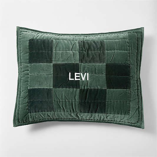 Checkerboard Pine Green Hand-Quilted Organic Cotton Velvet Kids Pillow Sham