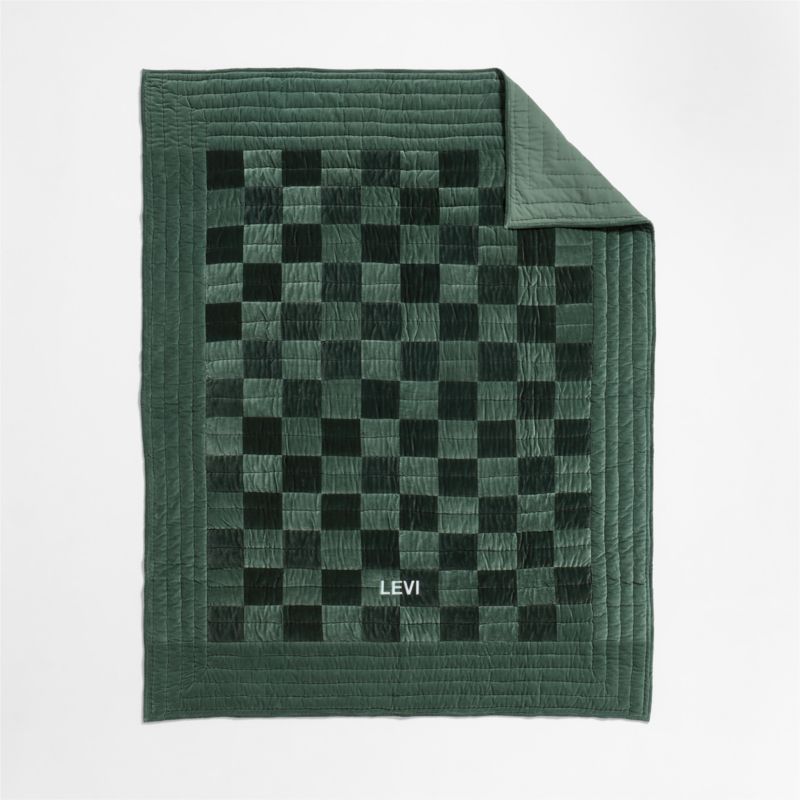 Checkerboard Pine Green Hand-Quilted Organic Cotton Velvet Kids Full/Queen Quilt - image 6 of 10