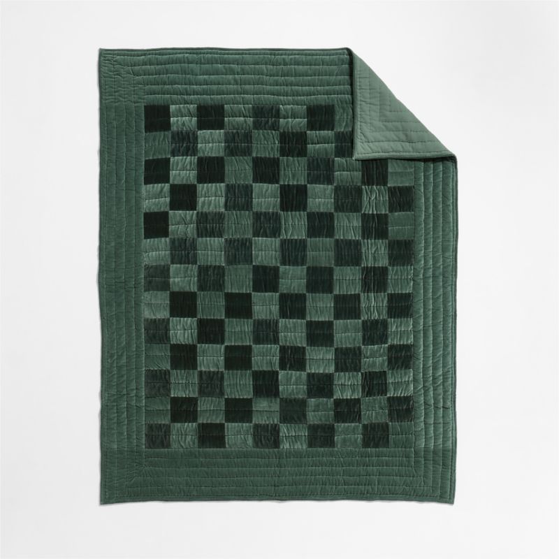 Checkerboard Pine Green Hand-Quilted Organic Cotton Velvet Kids Full/Queen Quilt - image 7 of 10