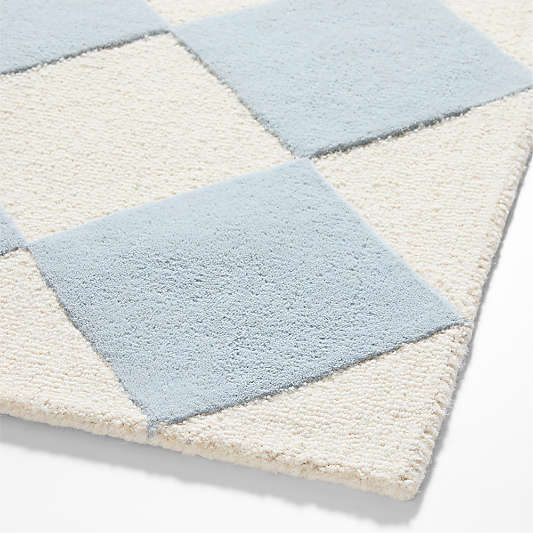 Checkerboard Blue Wool Kids Area Rug 5'x8'
