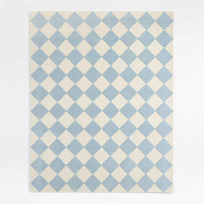 Checkerboard Blue Wool Kids Area Rug 6x9